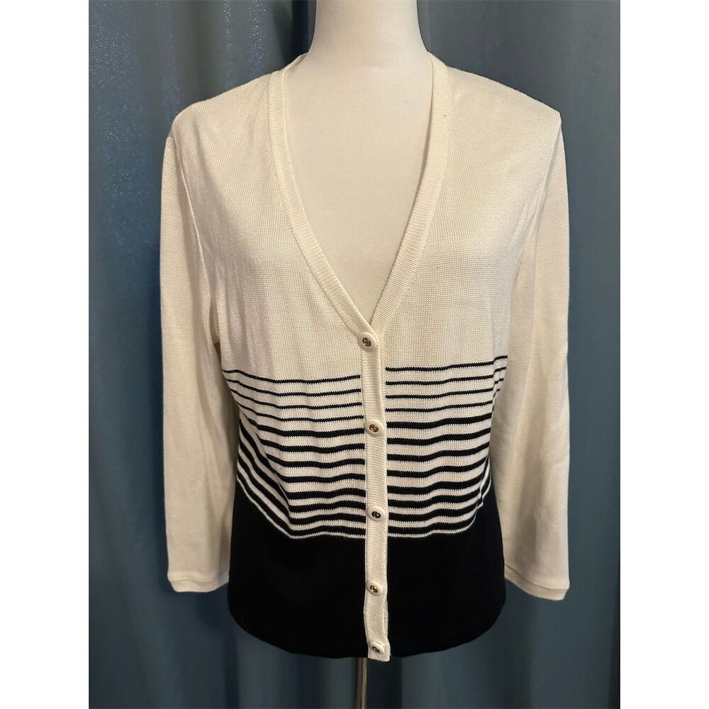 St. John Sport Women's M Cream Striped V-Neck Cardigan Sweater